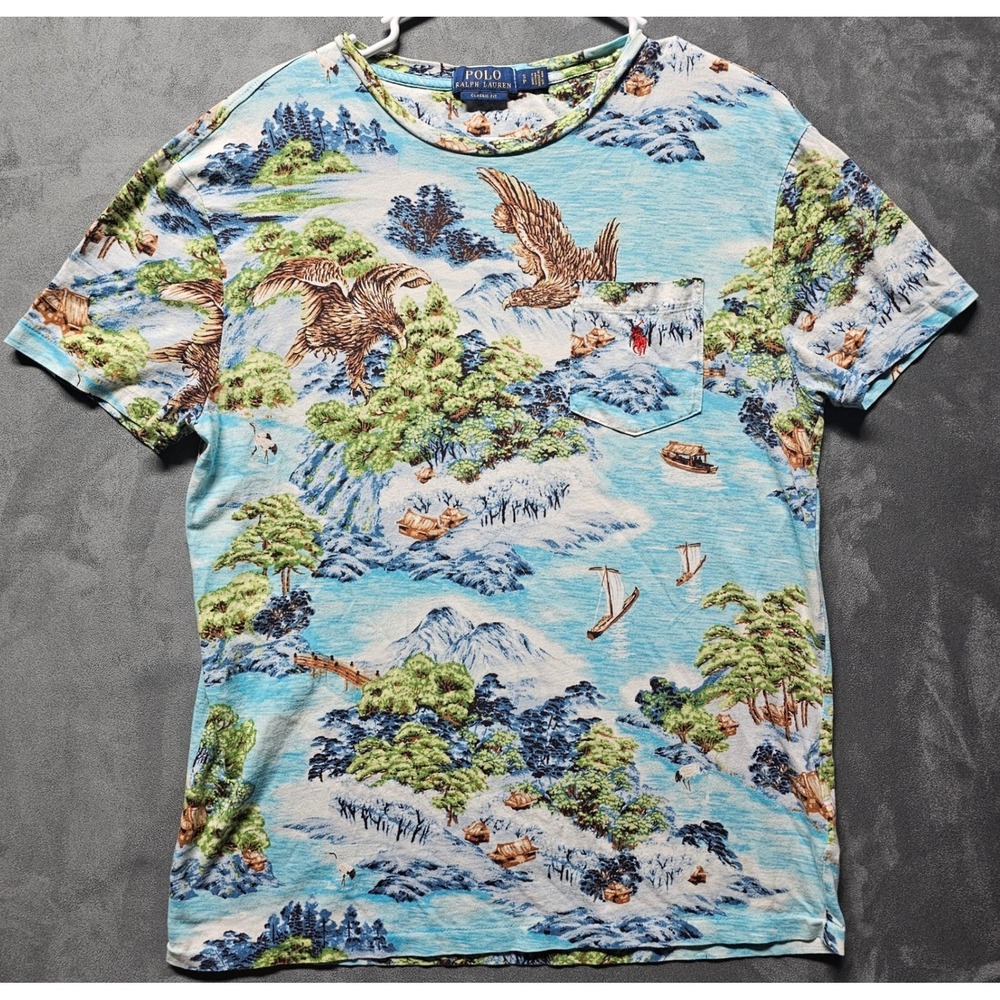 Polo Ralph Lauren Mens Small Scenic Eagle Mountain Print‎ Pocket T-Shirt Blue